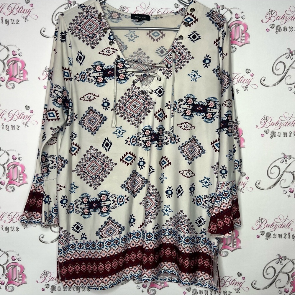 Verve Ami blouse tribal Aztec corset lace up detail front white blue red